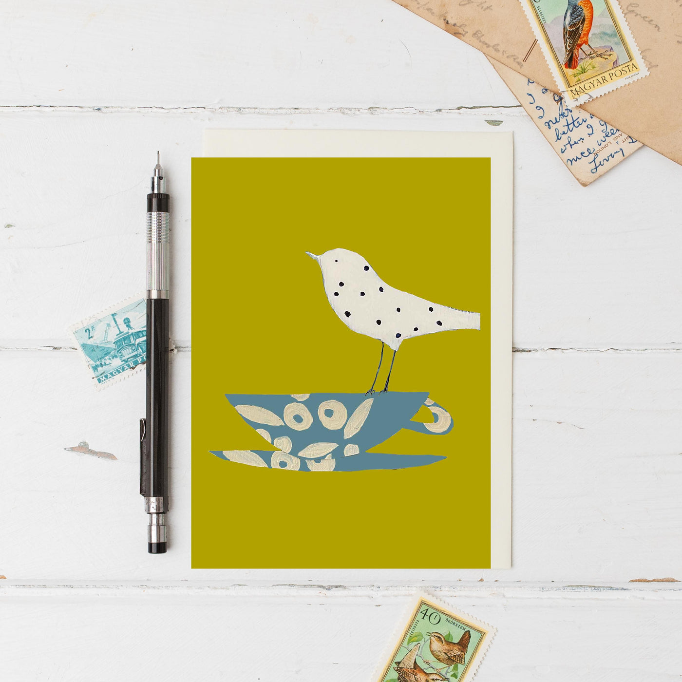 Dotty Bird & Tea Cup A6 card