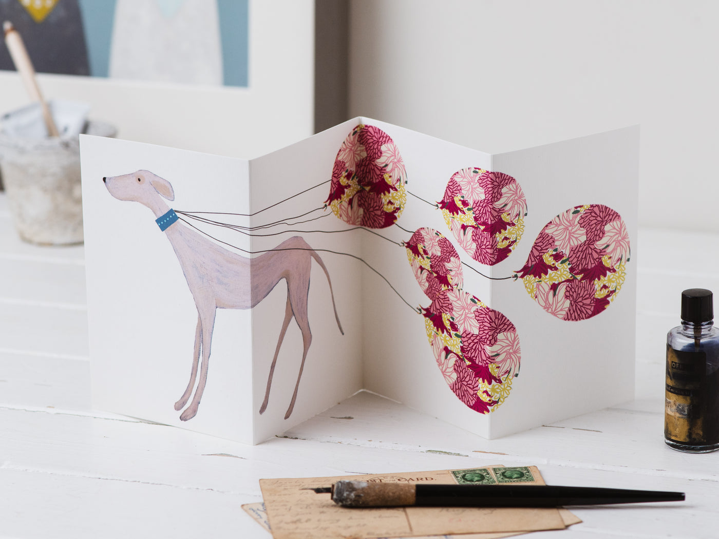 Hound with Patterned Balloons concertina card