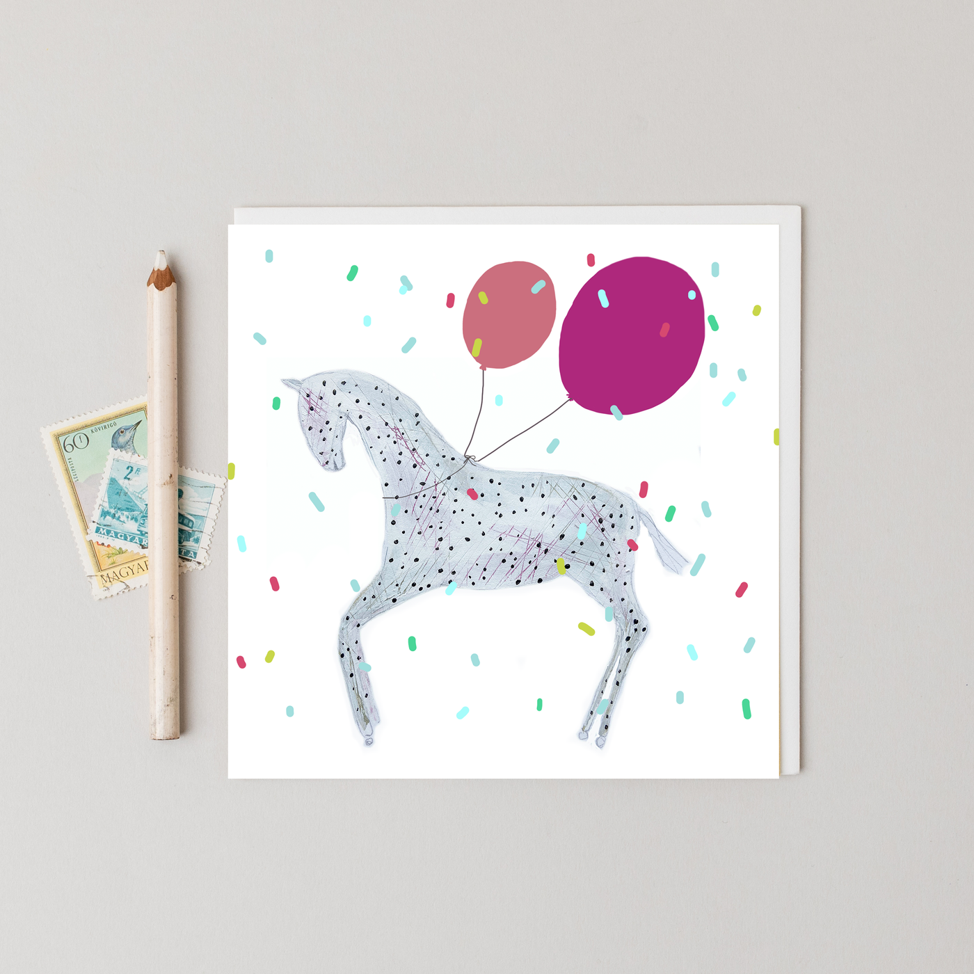 Pony with Balloons greetings card