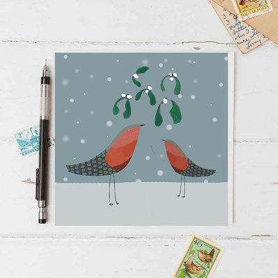 Christmas Robins with Mistletoe Card