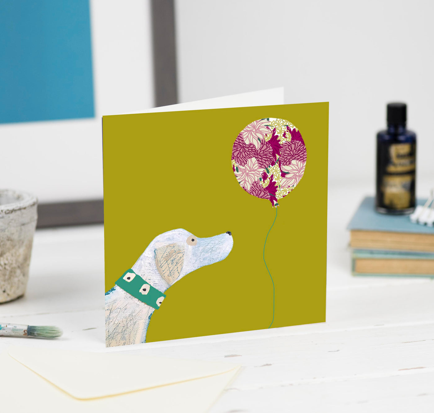 Pooch with Patterned Balloon greetings card