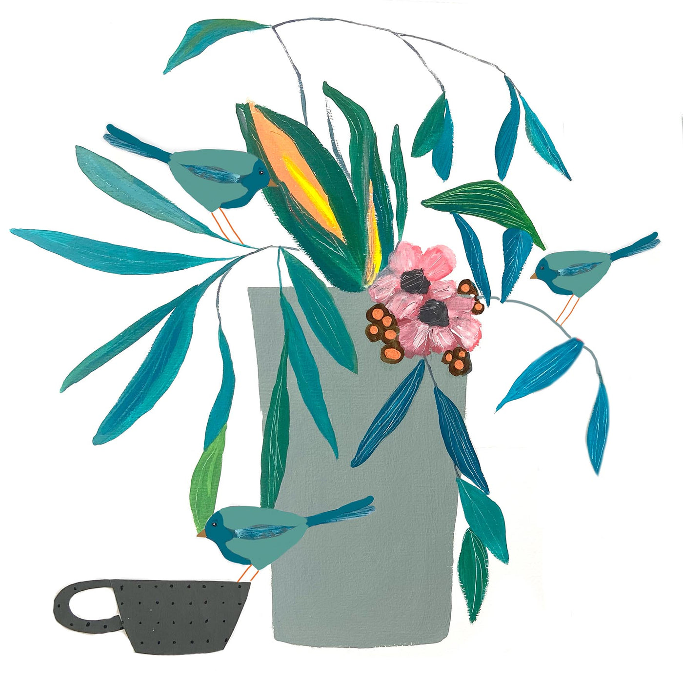 Vase with Teacup & Birds Greetings Card