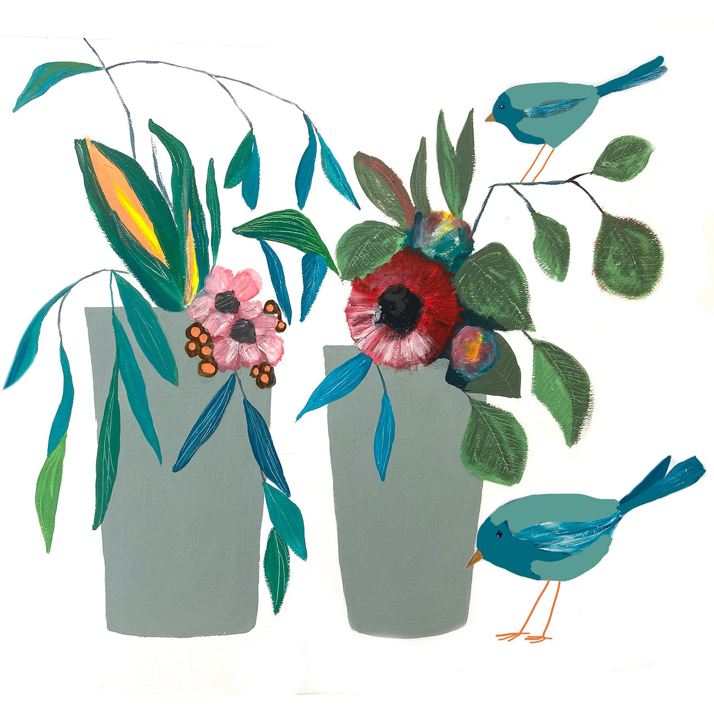 Two Vases & Birds Greetings Card